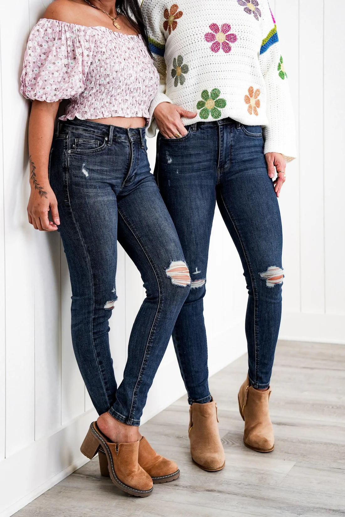 Judy Blue Made You Look Mid Rise Dark Wash Tummy Control Distressed Knee Skinny Jeans