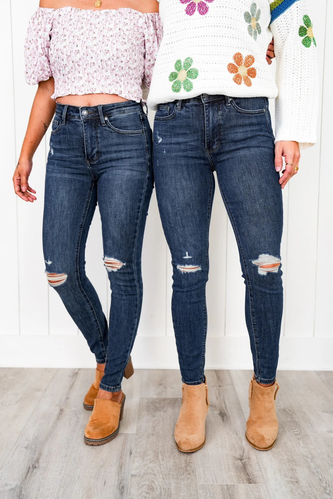 Judy Blue Made You Look Mid Rise Dark Wash Tummy Control Distressed Knee Skinny Jeans