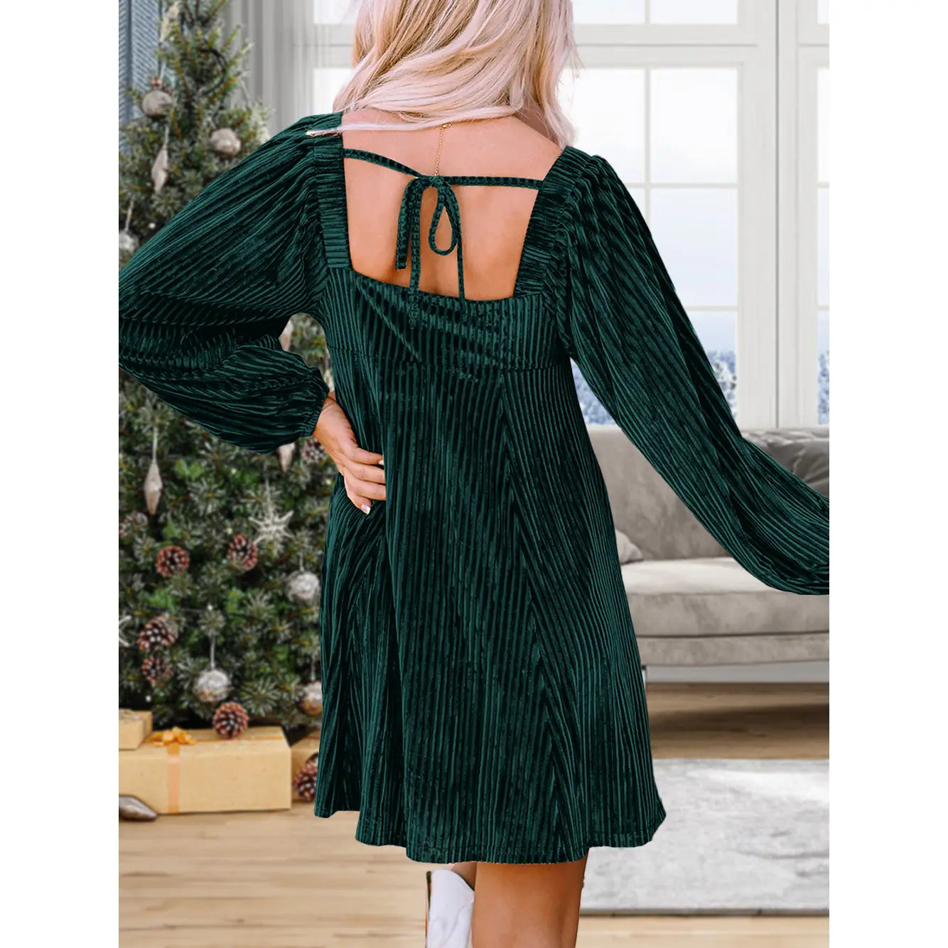 Tie Back Square Neck Velvet Babydoll Dress Green