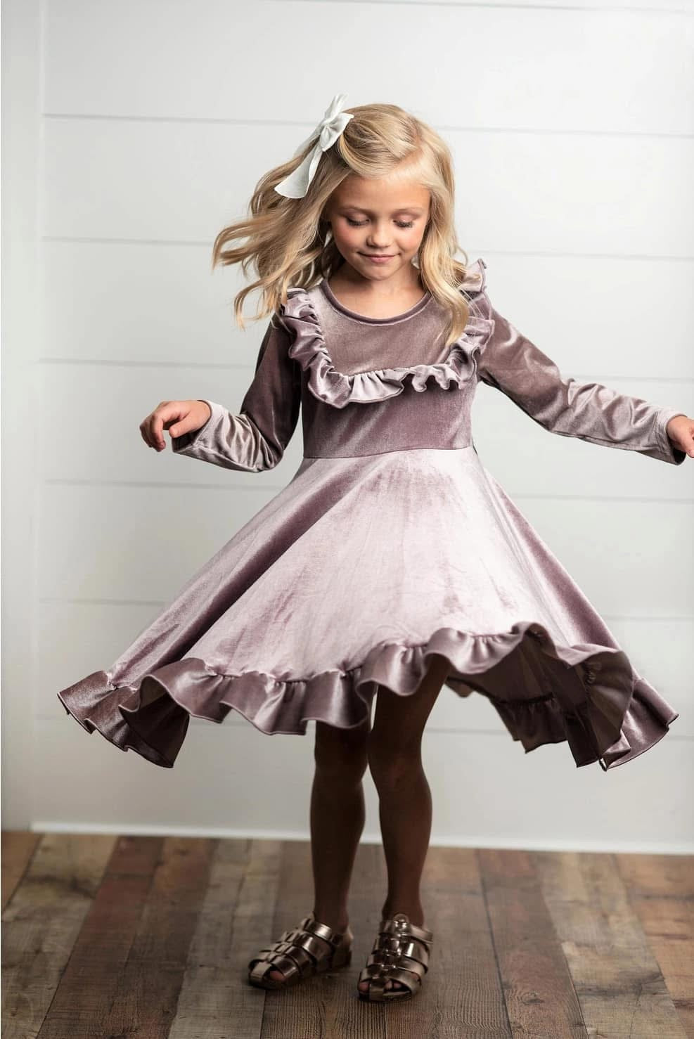 Kids Lavender Velvet Ruffle Winter Holiday Dress