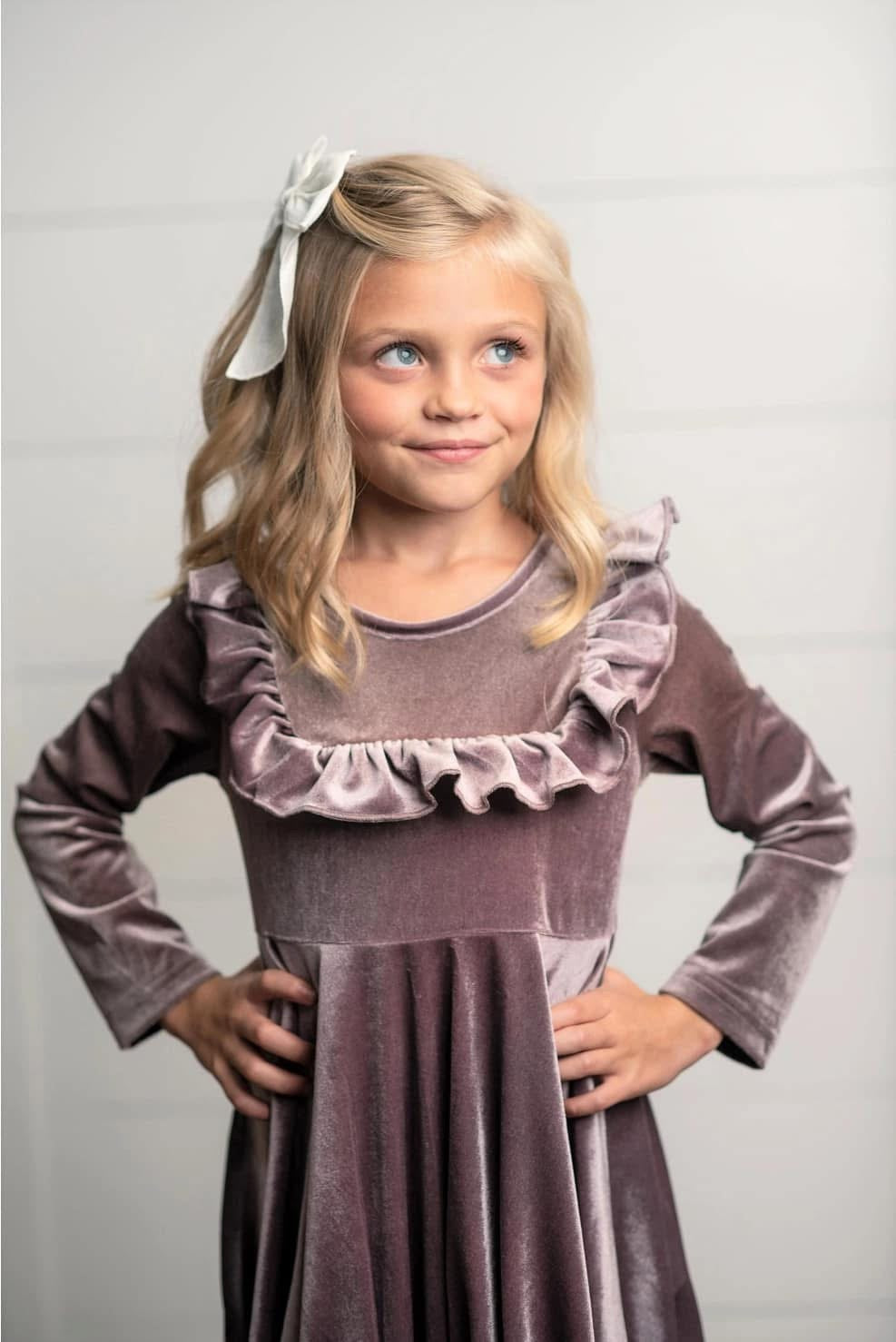 Kids Lavender Velvet Ruffle Winter Holiday Dress