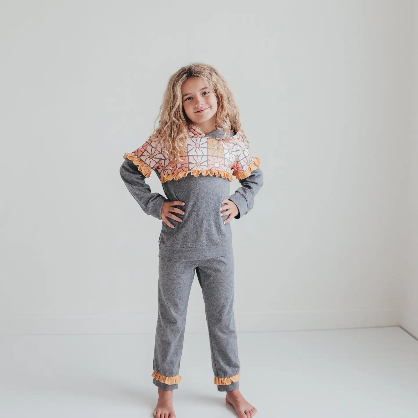 Kids Gray & Mustard Flower Hoodie Sweat Pant Loungewear Set