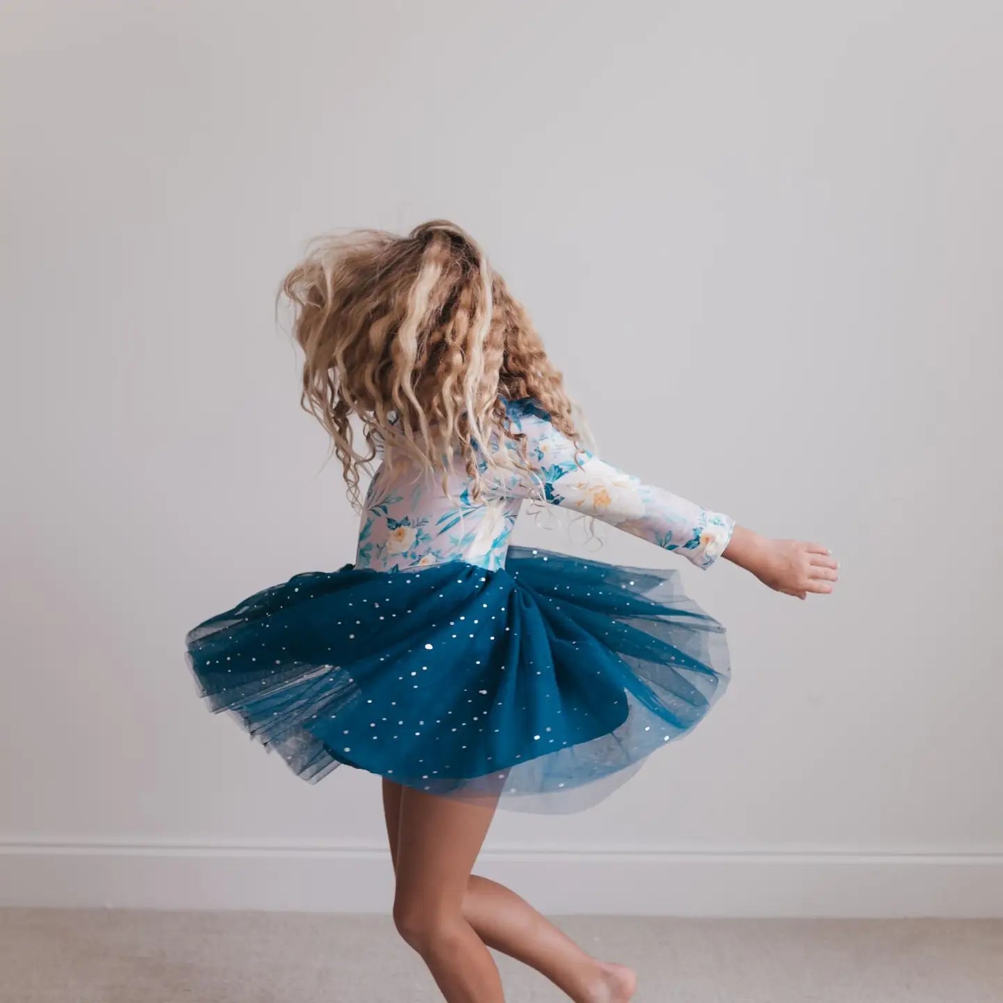 Kids Teal Blue Floral Print Sparkle Tulle Fall Winter Dress