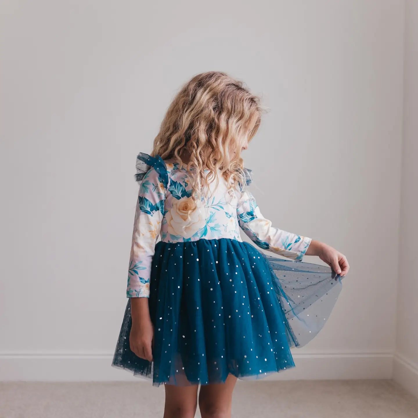 Kids Teal Blue Floral Print Sparkle Tulle Fall Winter Dress