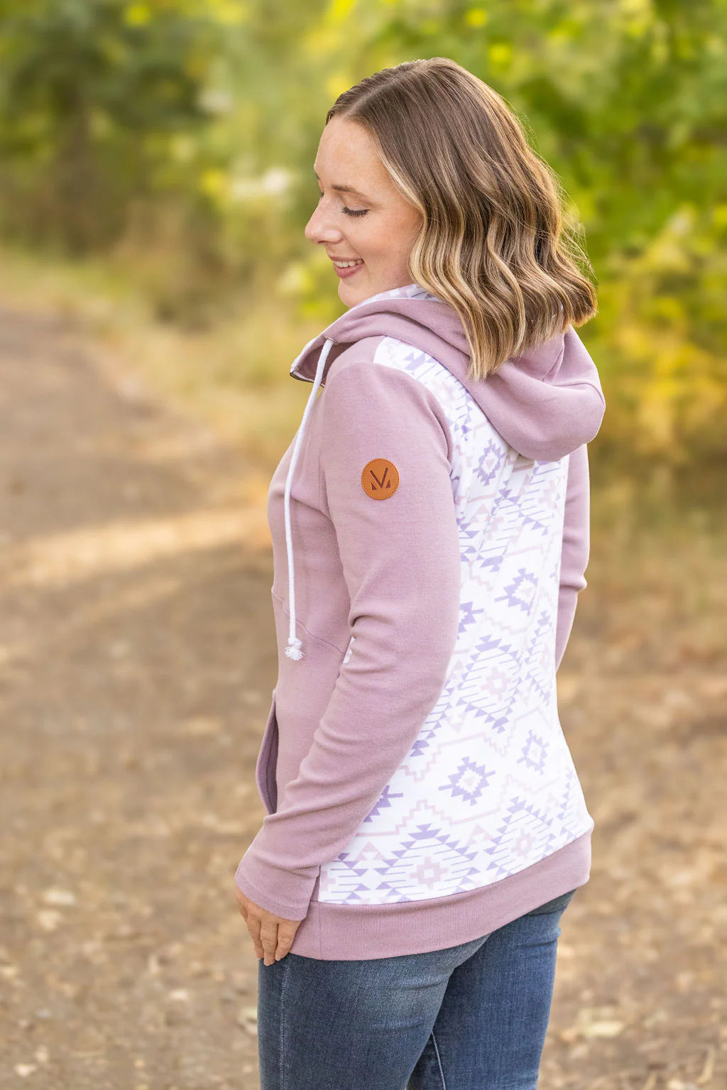 Mauve and White Geometric Half Zip Hoodie