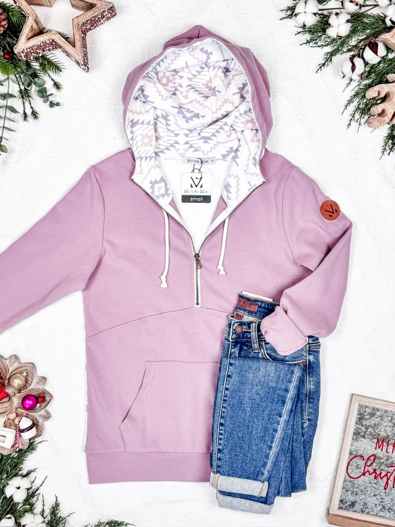 Mauve and White Geometric Half Zip Hoodie