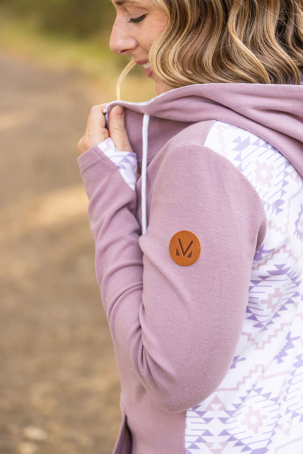 Mauve and White Geometric Half Zip Hoodie