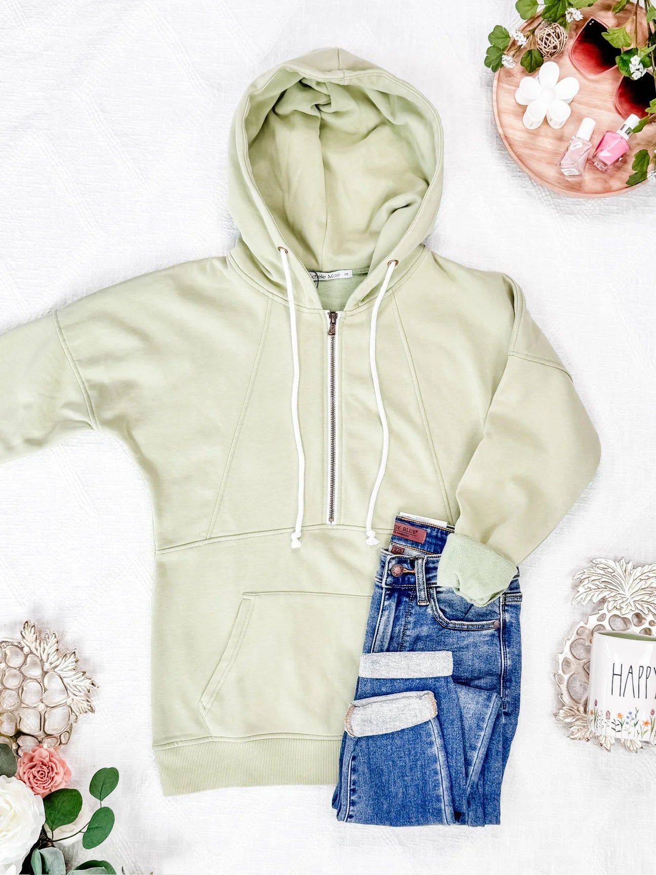 Vintage Wash HalfZip Hoodie - Tea Green