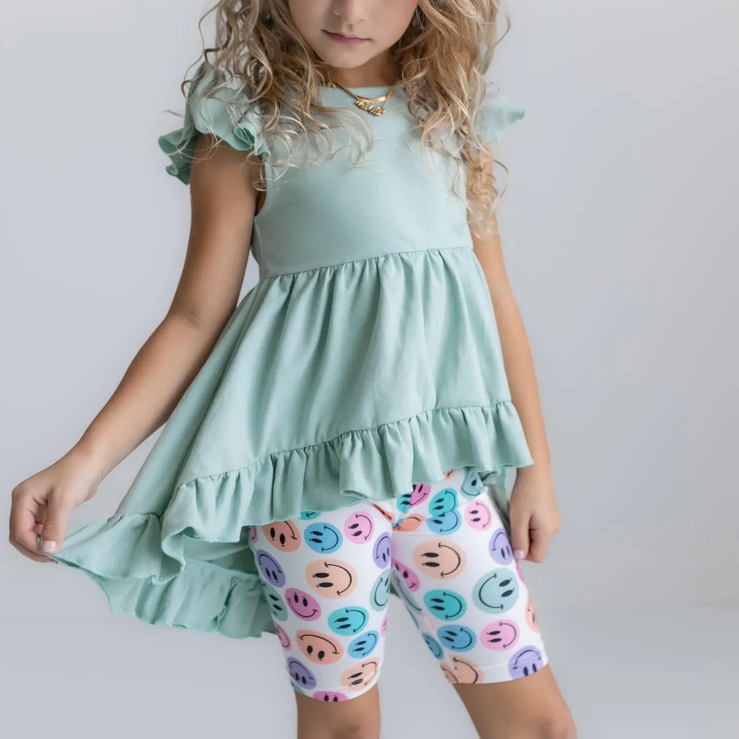 Mint Green Smiley Face Hi Lo Spring Summer Short Set