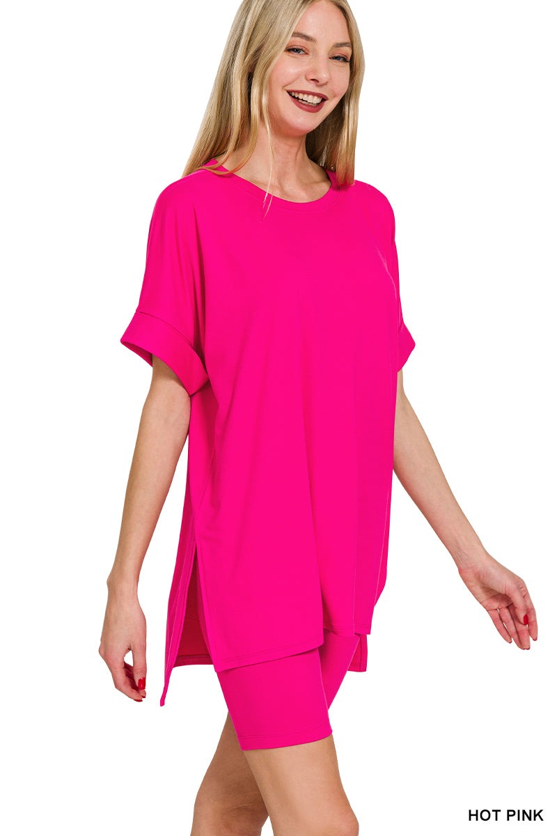 HOT PINK BRUSHED DTY MICROFIBER ROUND-NECK TOP & BIKER SHORTS