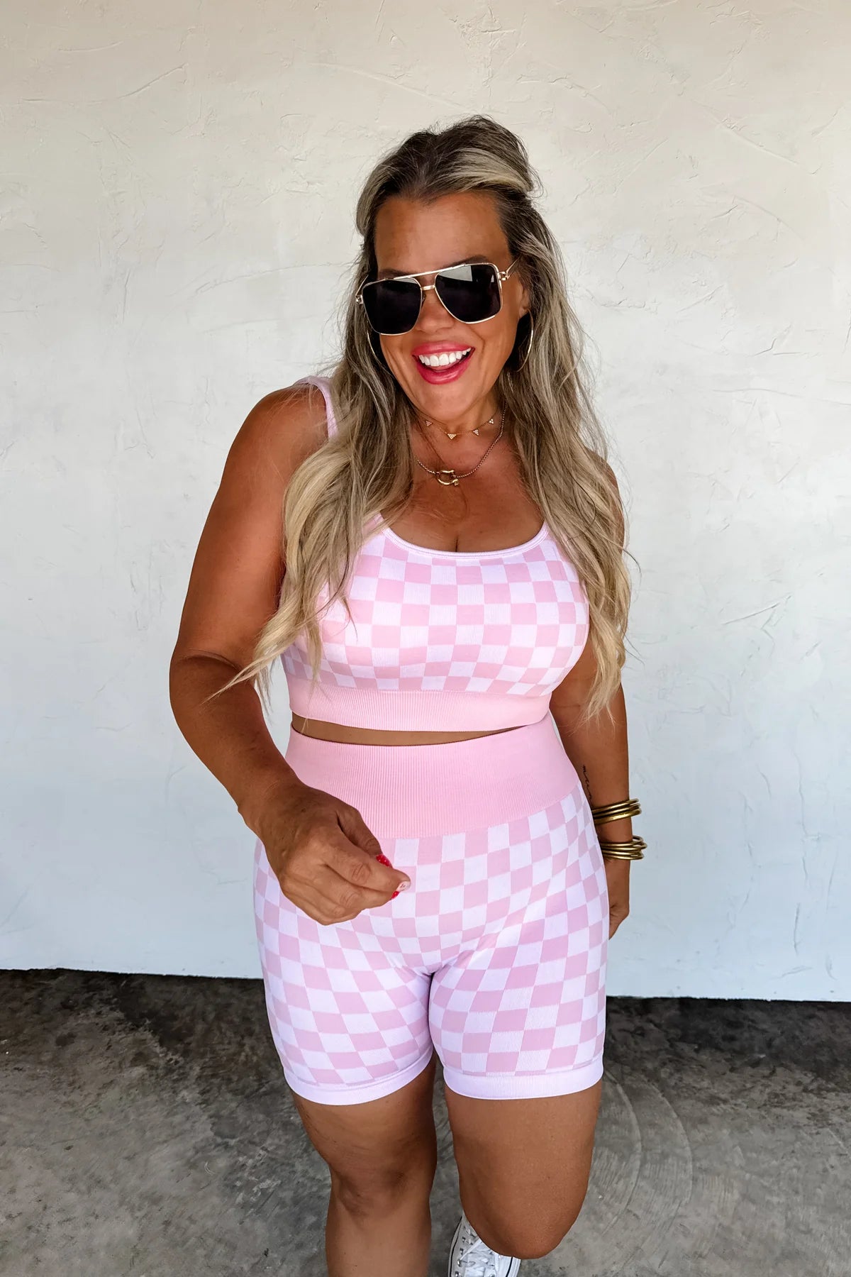 PINK & WHITE CHECKER BRA & BIKER SHORT SET