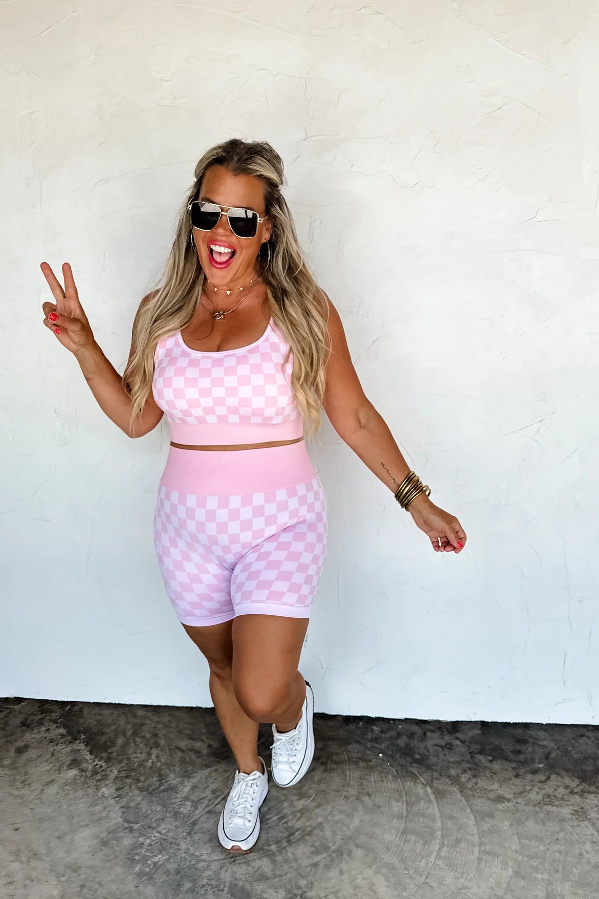 PINK & WHITE CHECKER BRA & BIKER SHORT SET