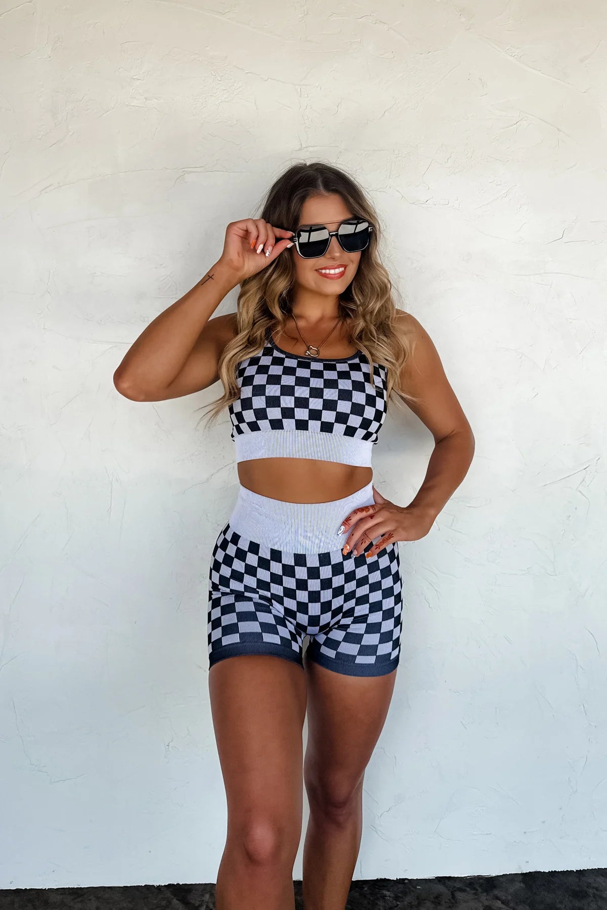 BLACK & WHITE CHECKER BRA & BIKER SHORT SET