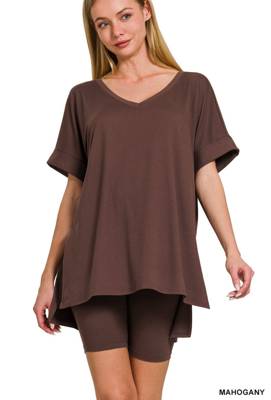 MAHOGANY  BRUSHED DTY MICROFIBER V-NECK TOP & BIKER SHORTS
