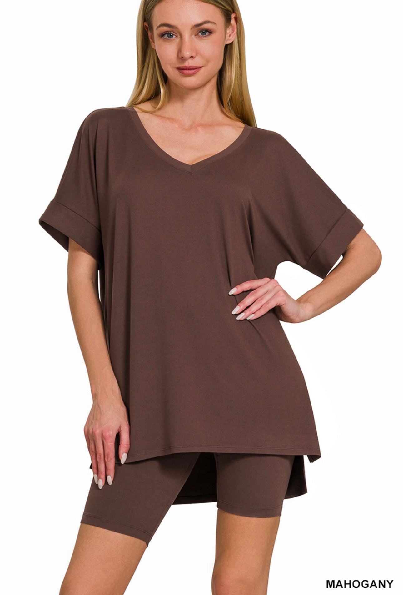 MAHOGANY  BRUSHED DTY MICROFIBER V-NECK TOP & BIKER SHORTS