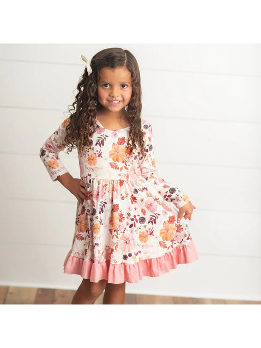 Pink & Coral Vintage Pumpkin Floral Ruffle Fall Dress