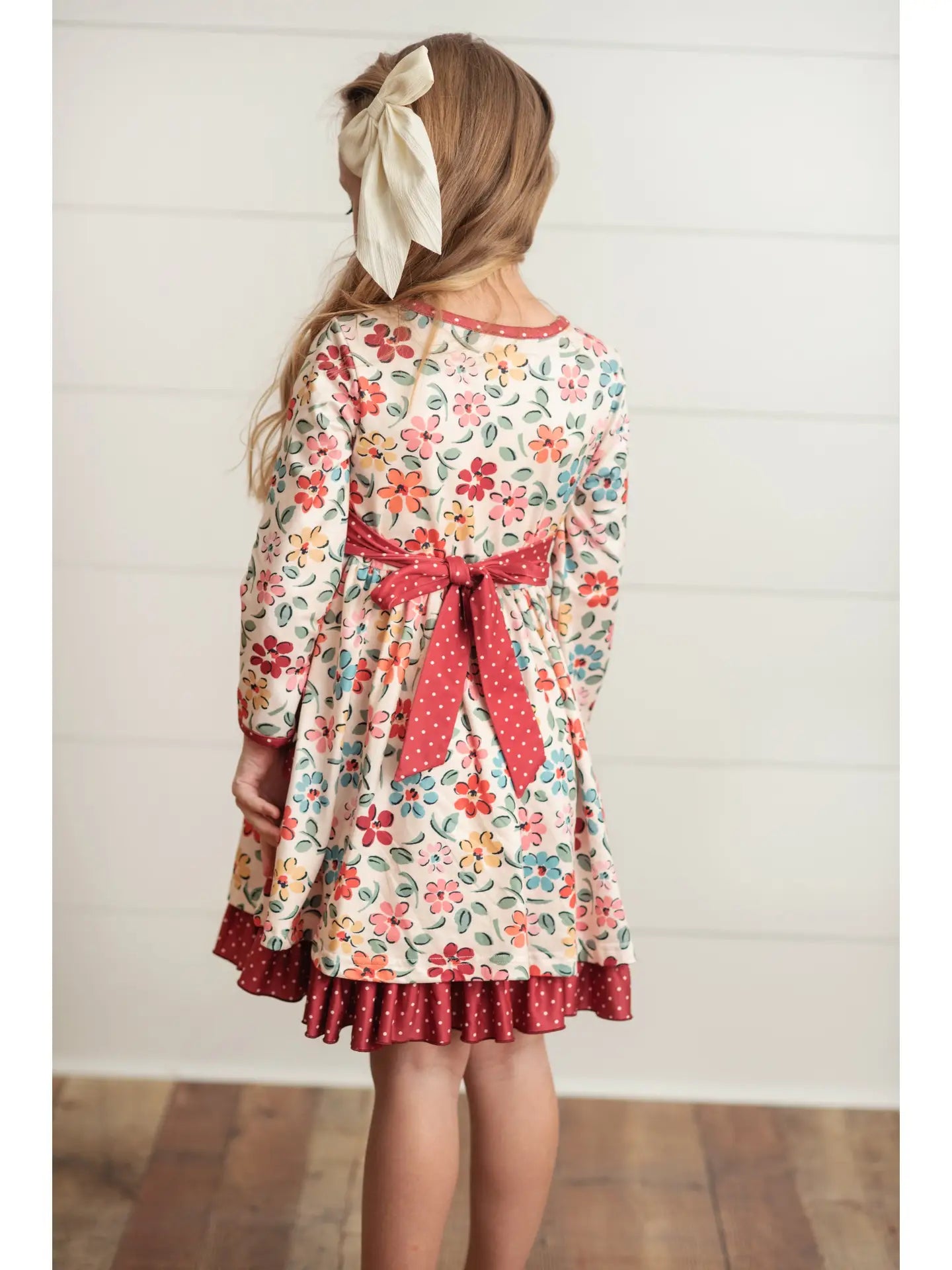 Cream & Burgundy Floral Ruffle Button Pocket Fall Dress