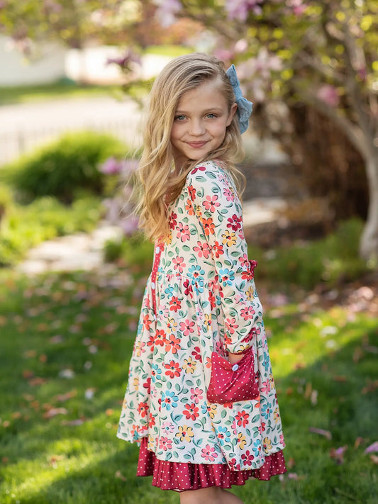 Cream & Burgundy Floral Ruffle Button Pocket Fall Dress