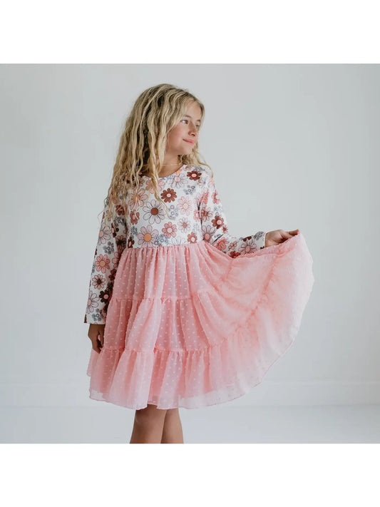 Pink Retro Flower Print Swiss Dot Tulle Fall Dress