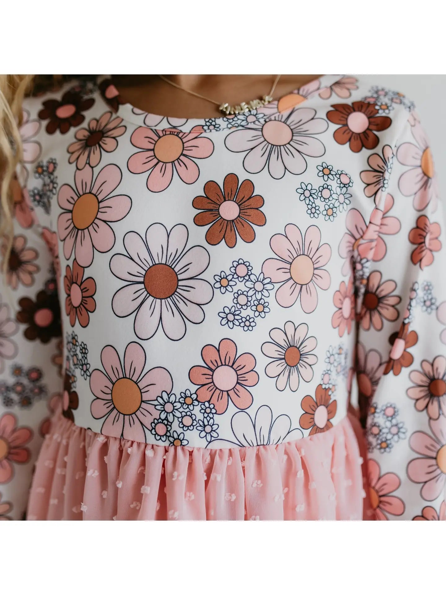 Pink Retro Flower Print Swiss Dot Tulle Fall Dress