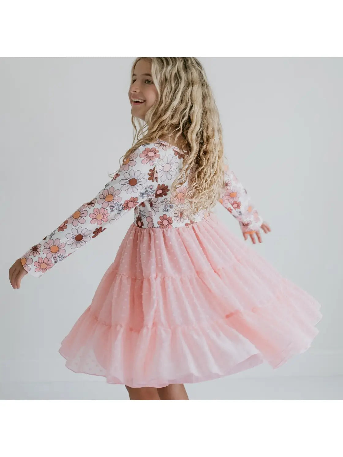 Pink Retro Flower Print Swiss Dot Tulle Fall Dress