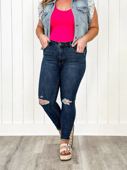 Judy Blue Made You Look Mid Rise Dark Wash Tummy Control Distressed Knee Skinny Jeans