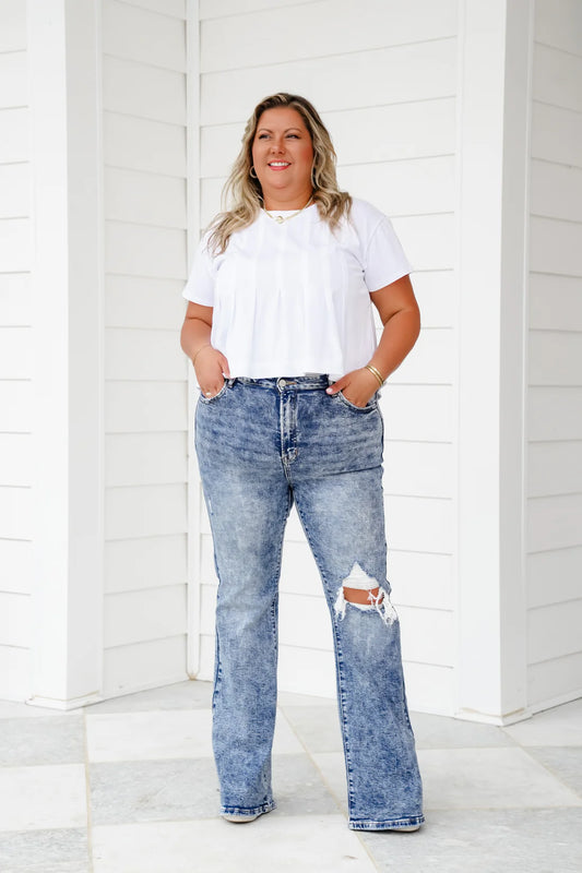 Risen Crush Hour High Rise Medium Acid Wash Distressed Flare Jeans