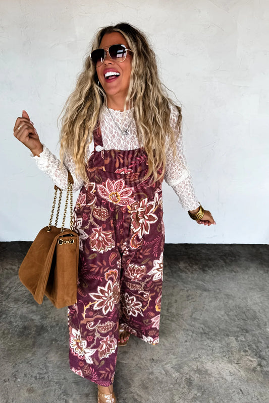 BURGUNDY FLORAL KARLI OVERALLS