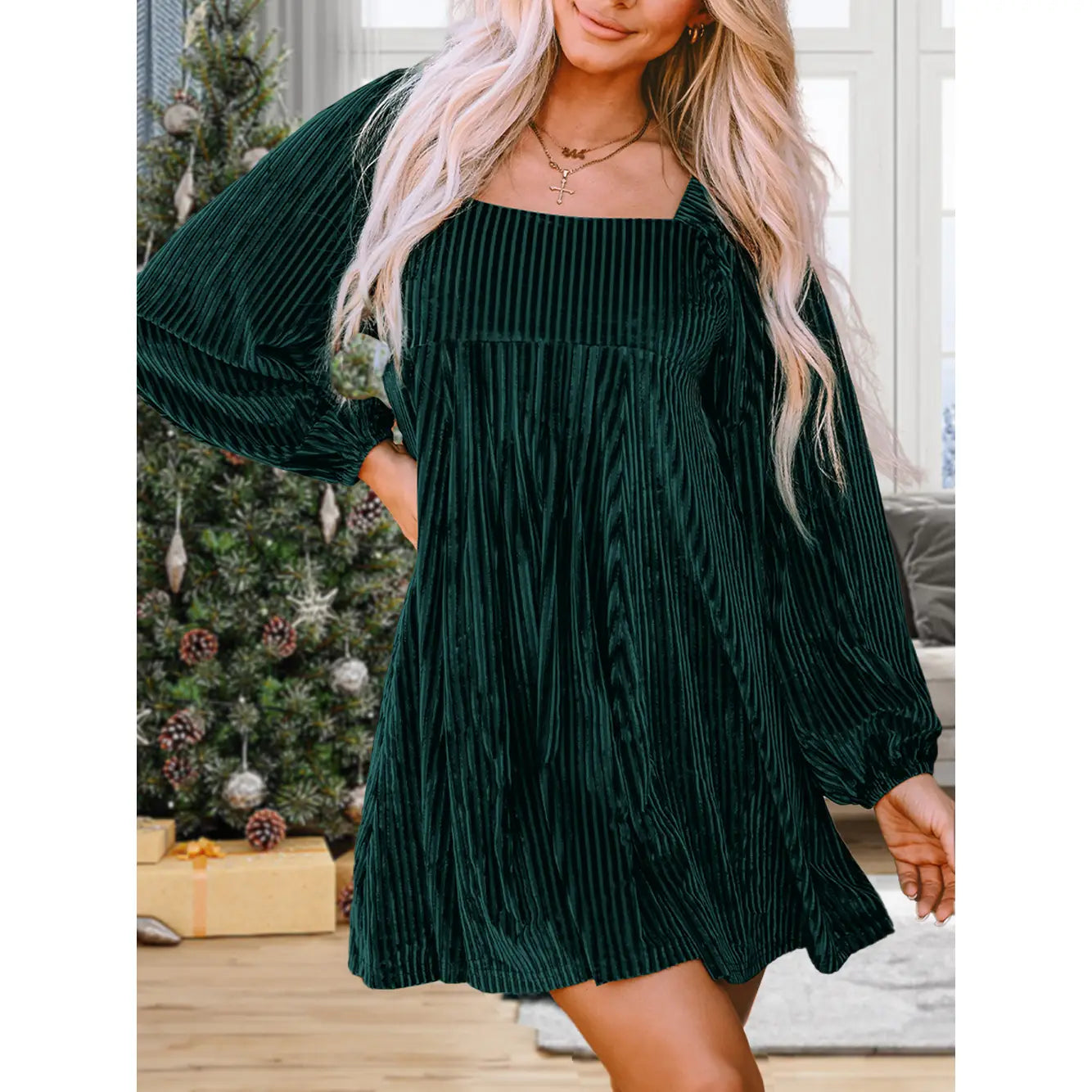Tie Back Square Neck Velvet Babydoll Dress Green