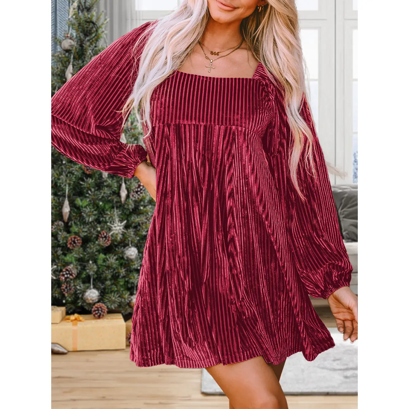 Tie Back Square Neck Velvet Babydoll Dress