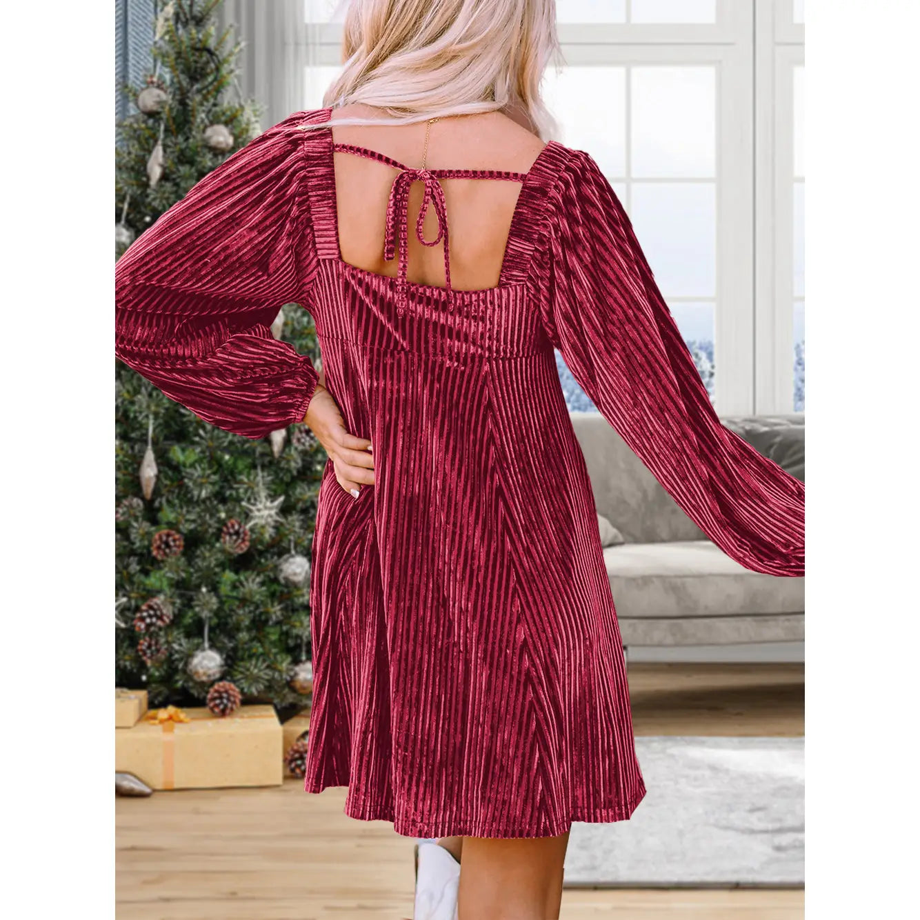 Tie Back Square Neck Velvet Babydoll Dress