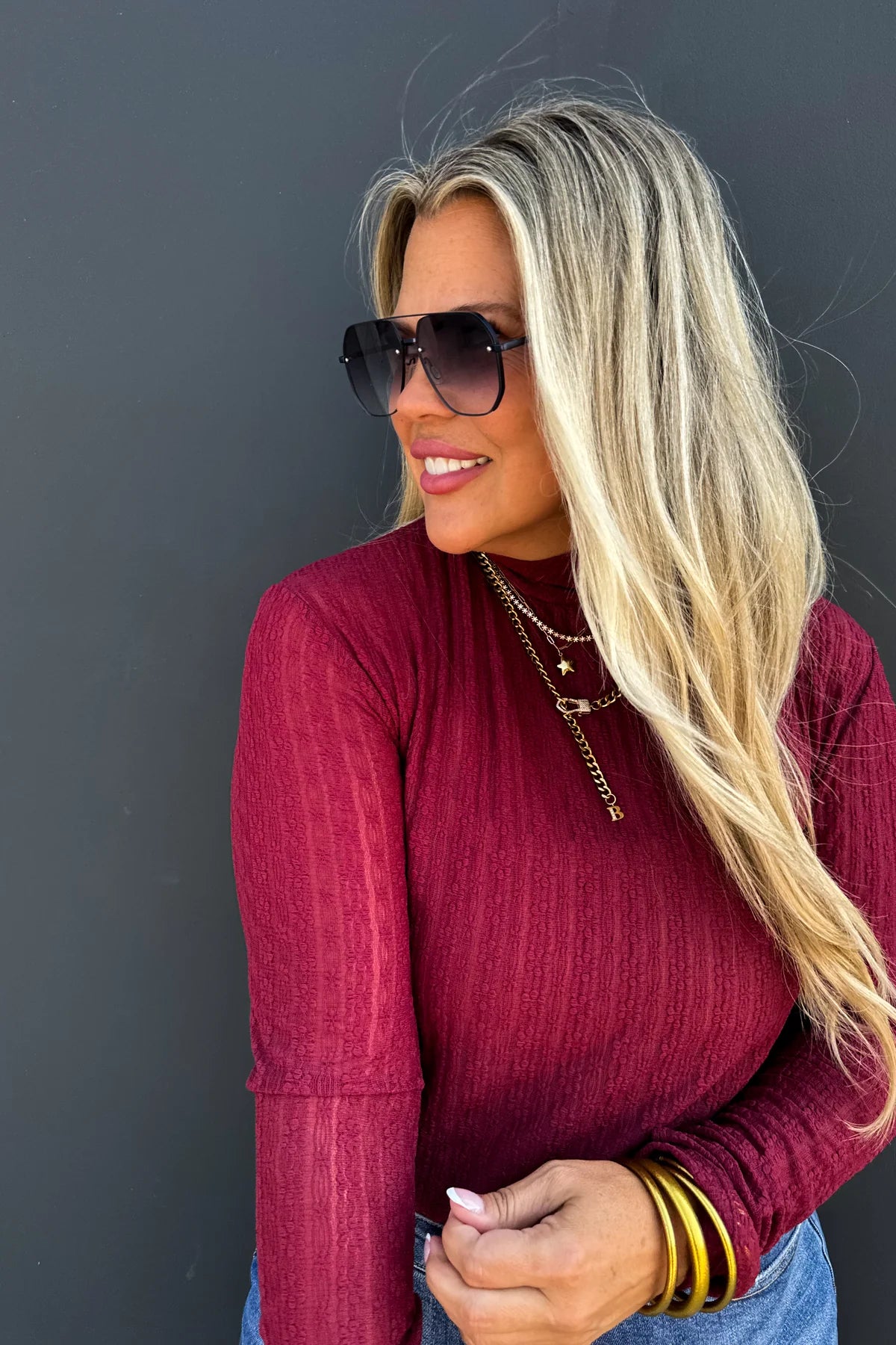 WINE PORSHA LACE TOP