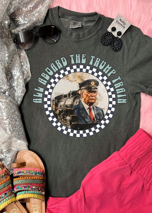 All Aboard the Trump Train Checkered Circle Pepper Comfort Color Tee