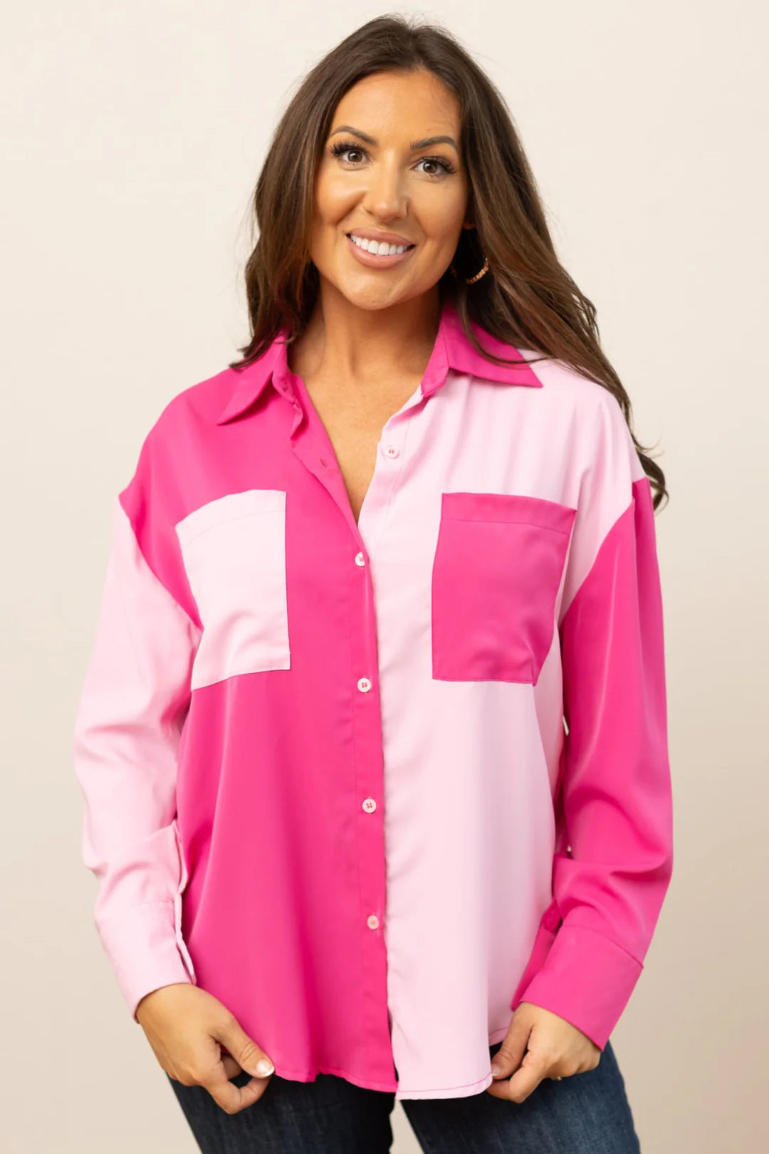 KATHRYN CLASSIC BUTTON-UP, PINK COLOR-BLOCKED