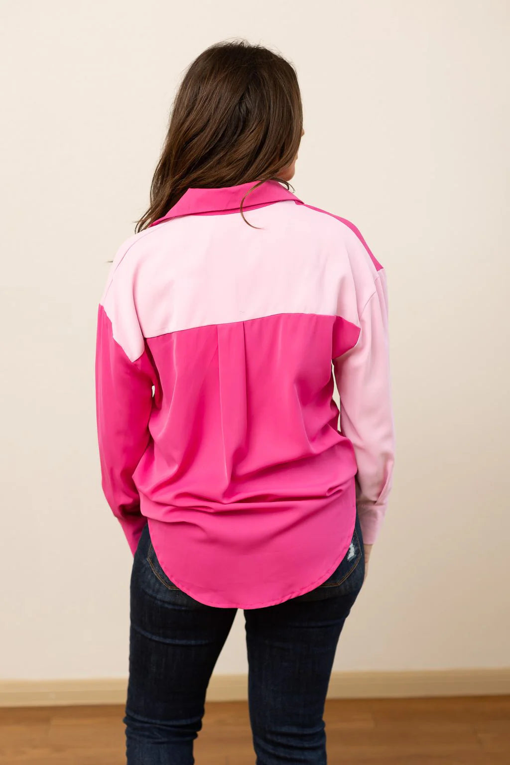 KATHRYN CLASSIC BUTTON-UP, PINK COLOR-BLOCKED