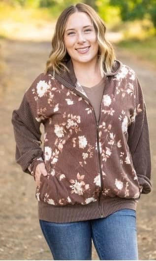 Ramona Ribbed Floral Zip Up - Brown