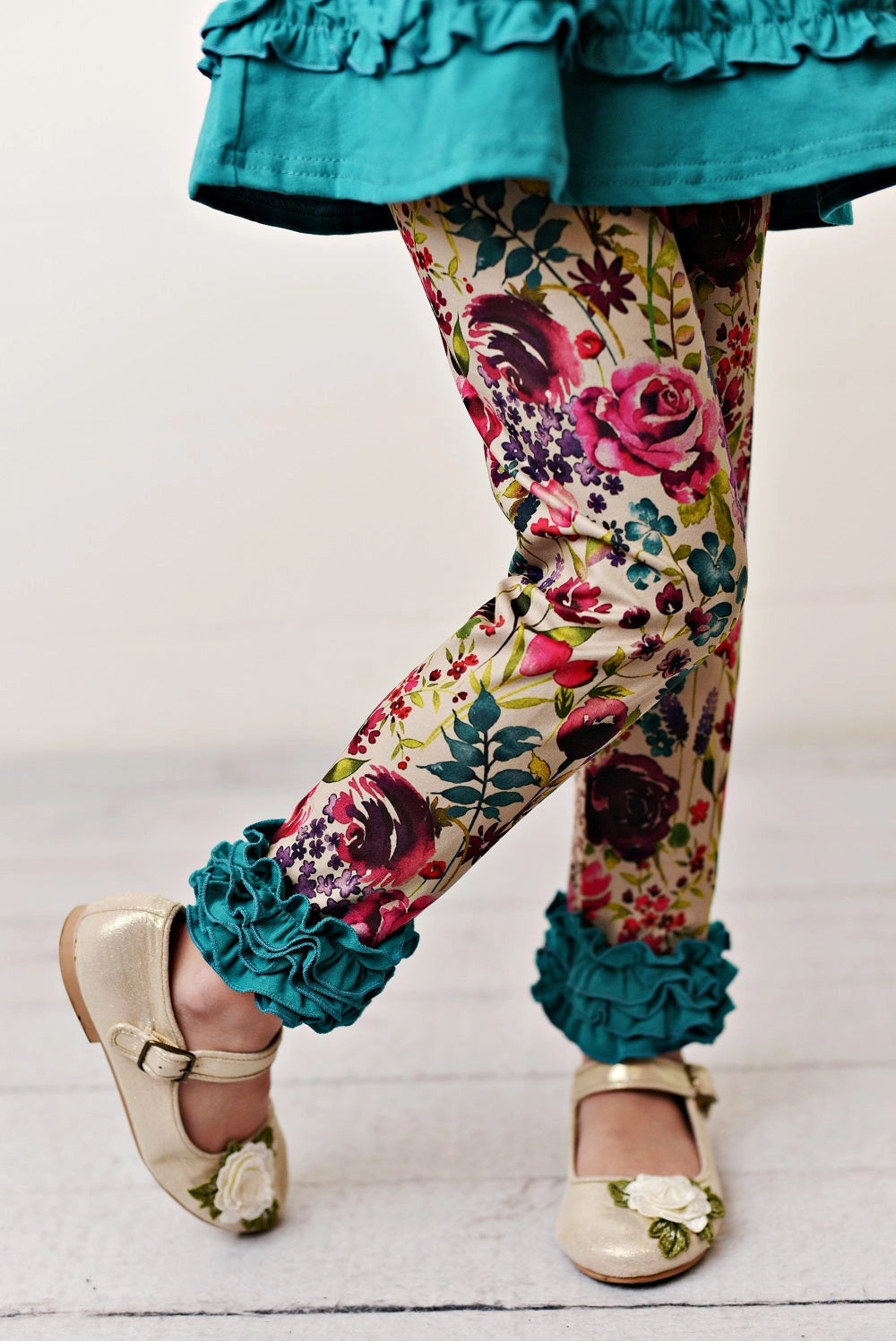 Kids Teal Plum Floral Ruffle Button Fall Two Piece Set
