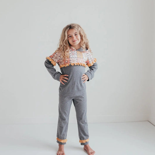 Kids Gray & Mustard Flower Hoodie Sweat Pant Loungewear Set