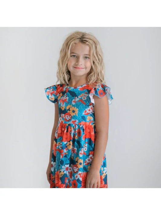 Coral & Blue Floral Claire Spring Summer Flutter Dress