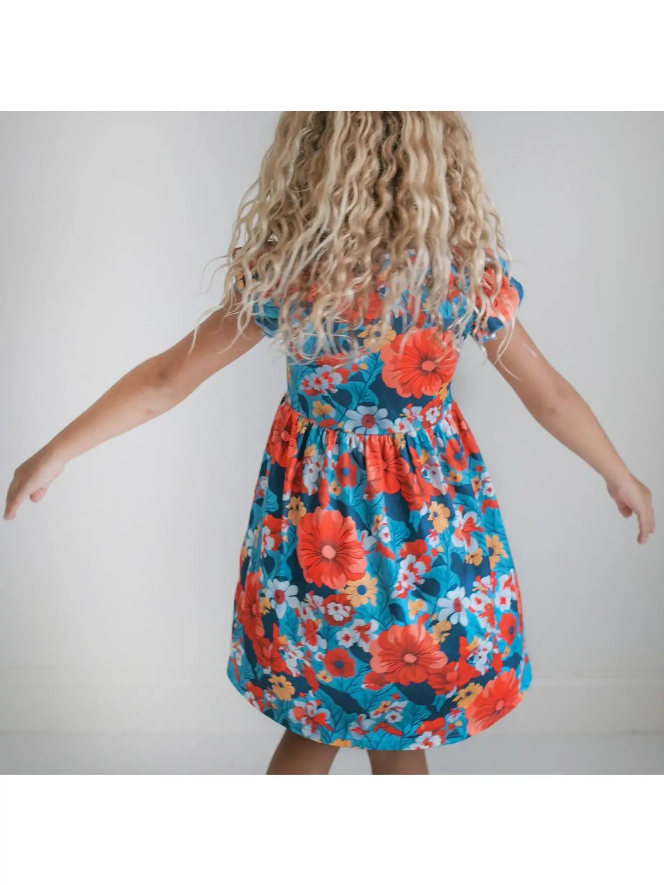 Coral & Blue Floral Claire Spring Summer Flutter Dress