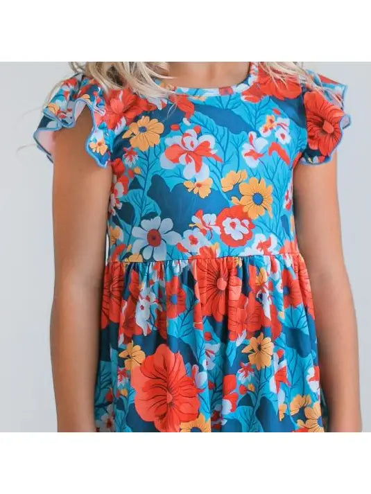 Coral & Blue Floral Claire Spring Summer Flutter Dress