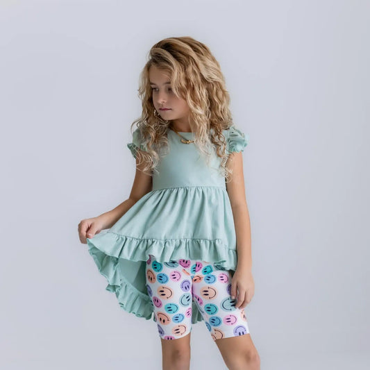 Mint Green Smiley Face Hi Lo Spring Summer Short Set