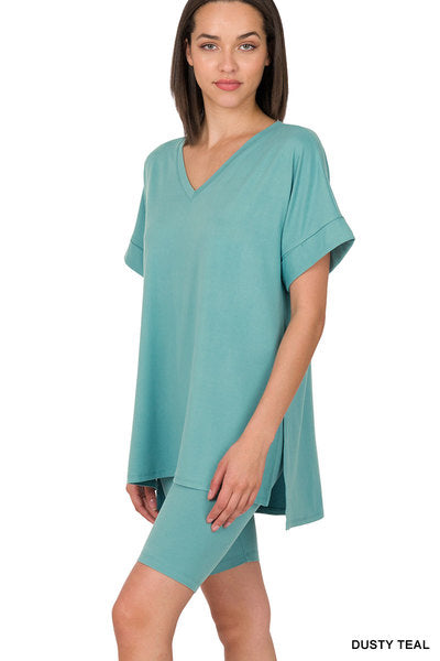 DUSTY TEAL BRUSHED V-NECK TOP & BIKER SHORTS