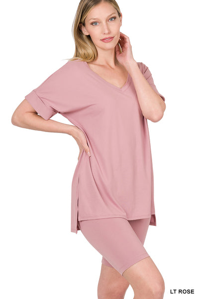 ROSE BRUSHED V-NECK TOP & BIKER SHORTS