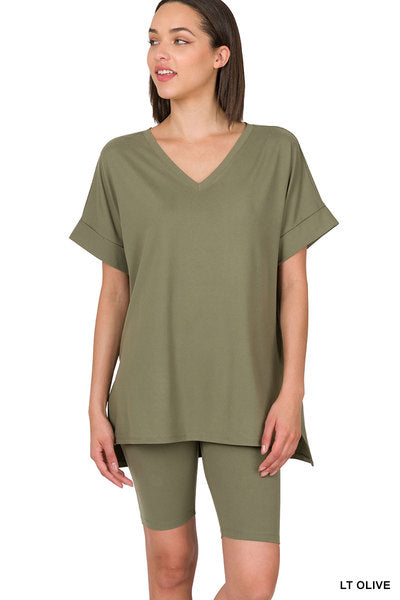 LIGHT OLIVE BRUSHED V-NECK TOP & BIKER SHORTS