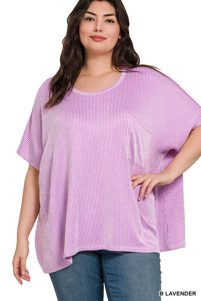 PLUS LAVENDER CORDED RIB OVERSIZED SHORT-SLEEVE TOP