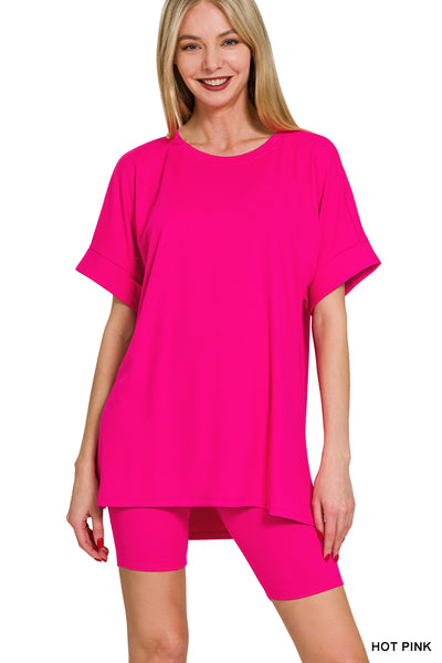 HOT PINK BRUSHED DTY MICROFIBER ROUND-NECK TOP & BIKER SHORTS
