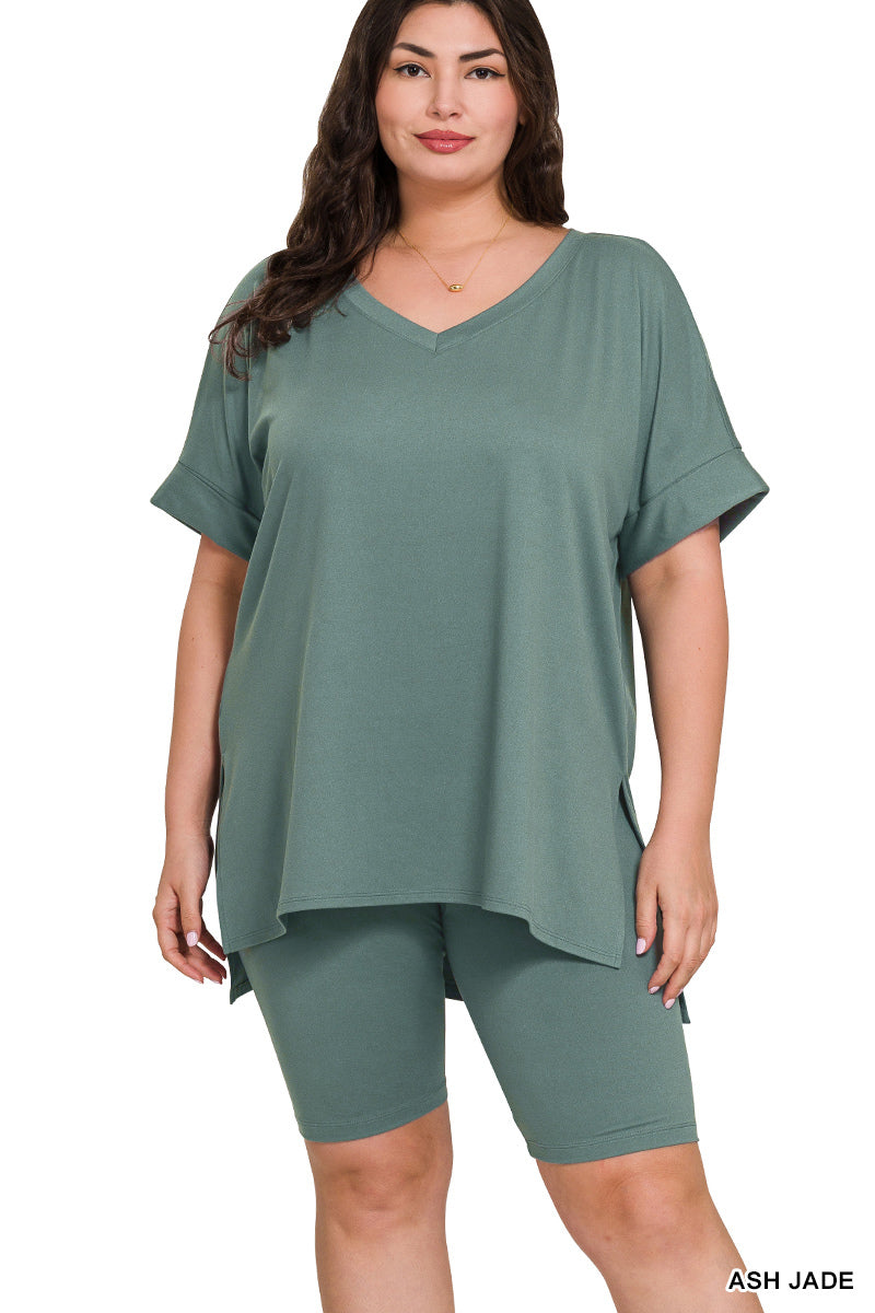 ASH JADE PLUS BRUSHED DTY MICROFIBER V-NECK TOP & BIKER