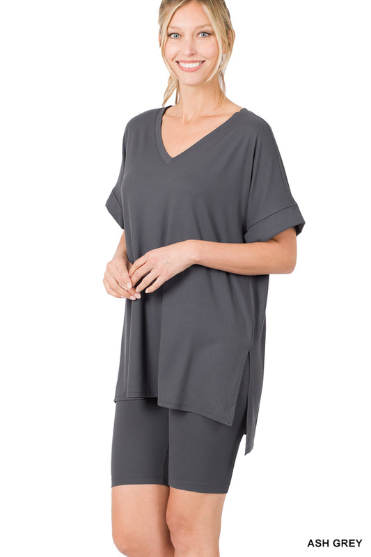 ASH GREY BRUSHED DTY MICROFIBER V-NECK TOP & BIKER SHORTS