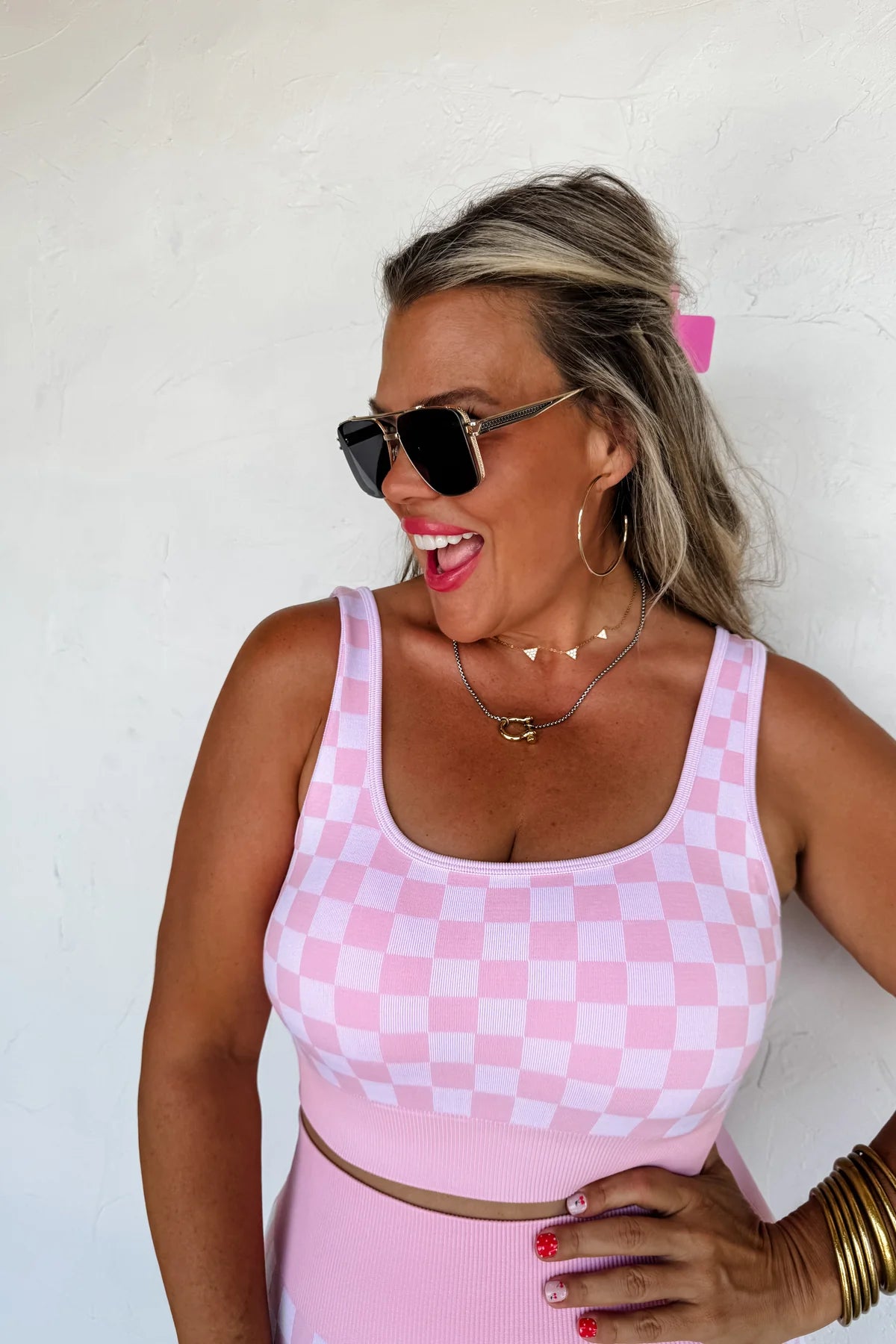 PINK & WHITE CHECKER BRA & BIKER SHORT SET